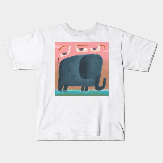 Elephant with pesky birds Kids T-Shirt by Gareth Lucas